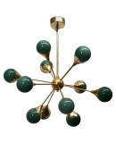 Midcentury Sputnik Spherical Green Glass and Brass Chandelier