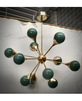 Lampadario Sferico Sputnik in Vetro Verde e Ottone