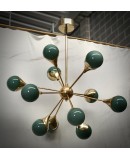 Midcentury Sputnik Spherical Green Glass and Brass Chandelier
