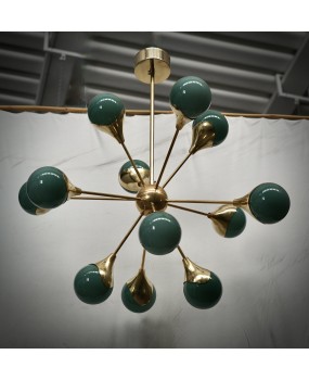 Lampadario Sferico Sputnik in Vetro Verde e Ottone