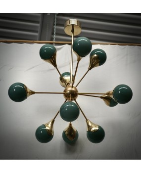 Lampadario Sferico Sputnik in Vetro Verde e Ottone
