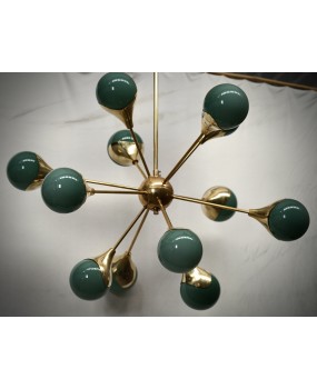 Lampadario Sferico Sputnik in Vetro Verde e Ottone