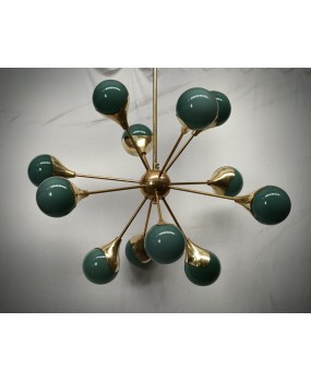Midcentury Sputnik Spherical Green Glass and Brass Chandelier