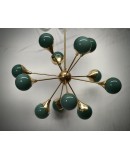 Lampadario Sferico Sputnik in Vetro Verde e Ottone