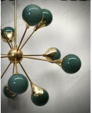 Midcentury Sputnik Spherical Green Glass and Brass Chandelier