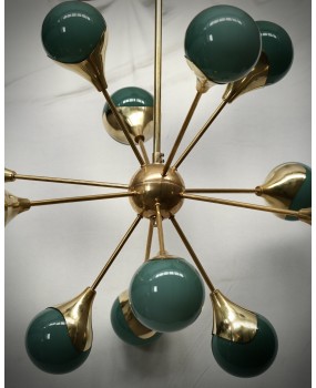 Lampadario Sferico Sputnik in Vetro Verde e Ottone