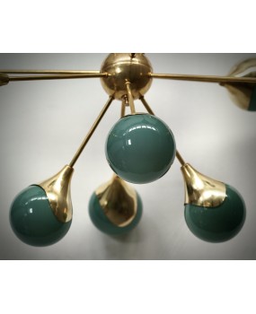 Lampadario Sferico Sputnik in Vetro Verde e Ottone