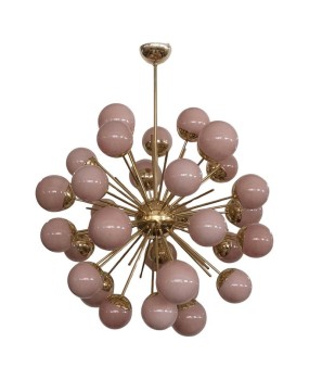 Midcentury Sputnik Spherical Pink Glass and Brass Chandelier