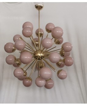 Midcentury Sputnik Spherical Pink Glass and Brass Chandelier