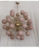 Lampadario Sferico Sputnik in Vetro Rosa e Ottone