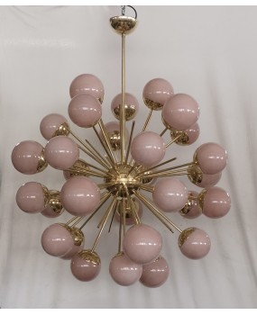 Lampadario Sferico Sputnik in Vetro Rosa e Ottone