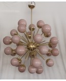 Midcentury Sputnik Spherical Pink Glass and Brass Chandelier