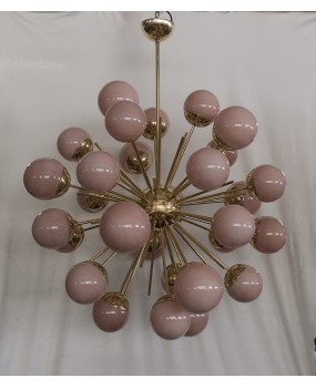 Lampadario Sferico Sputnik in Vetro Rosa e Ottone