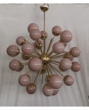 Lampadario Sferico Sputnik in Vetro Rosa e Ottone