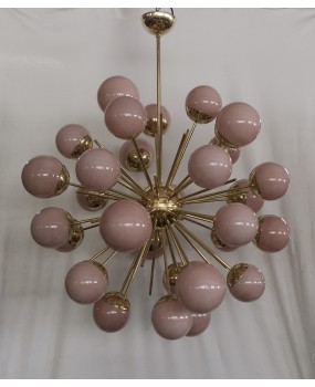 Midcentury Sputnik Spherical Pink Glass and Brass Chandelier