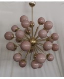 Lampadario Sferico Sputnik in Vetro Rosa e Ottone