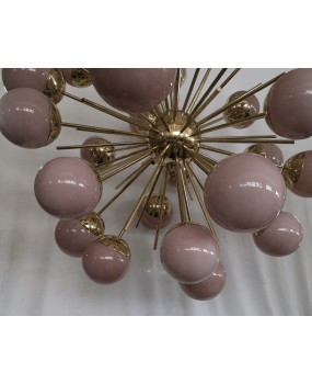 Midcentury Sputnik Spherical Pink Glass and Brass Chandelier