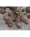 Lampadario Sferico Sputnik in Vetro Rosa e Ottone