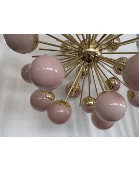 Lampadario Sferico Sputnik in Vetro Rosa e Ottone
