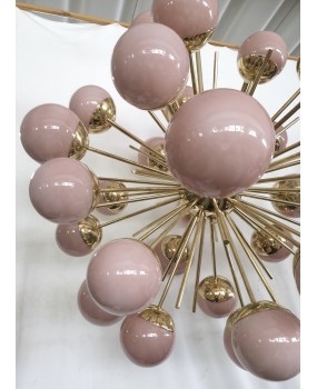 Midcentury Sputnik Spherical Pink Glass and Brass Chandelier