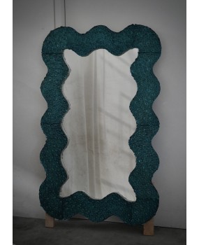 SP 93 Murano Teal Color Art Glass and Brass Art Deco Console Wall Mirror
