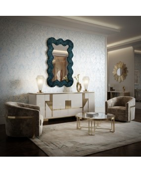 SP 93 Murano Teal Color Art Glass and Brass Art Deco Console Wall Mirror