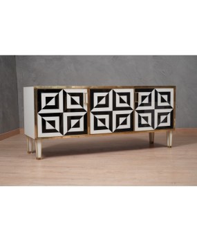 Mid-Century Black and White Art Glass and Brass Italian Sideboard, 1980