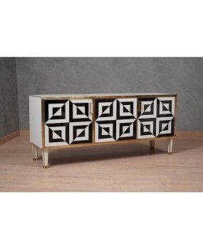 Mid-Century Black and White Art Glass and Brass Italian Sideboard, 1980