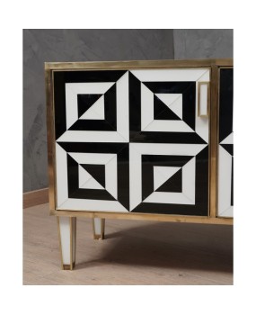 Mid-Century Black and White Art Glass and Brass Italian Sideboard, 1980