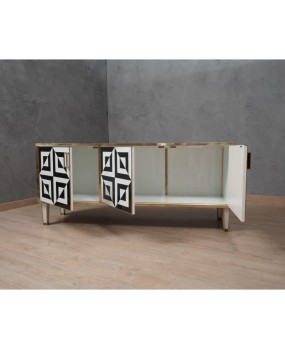 Mid-Century Black and White Art Glass and Brass Italian Sideboard, 1980
