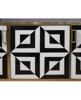 Mid-Century Black and White Art Glass and Brass Italian Sideboard, 1980