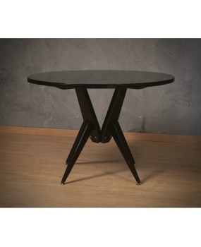 MidCentury Round Wood Black Glass and Brass Dinning Table / Center Table, 1950