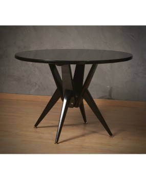 MidCentury Round Wood Black Glass and Brass Dinning Table / Center Table, 1950