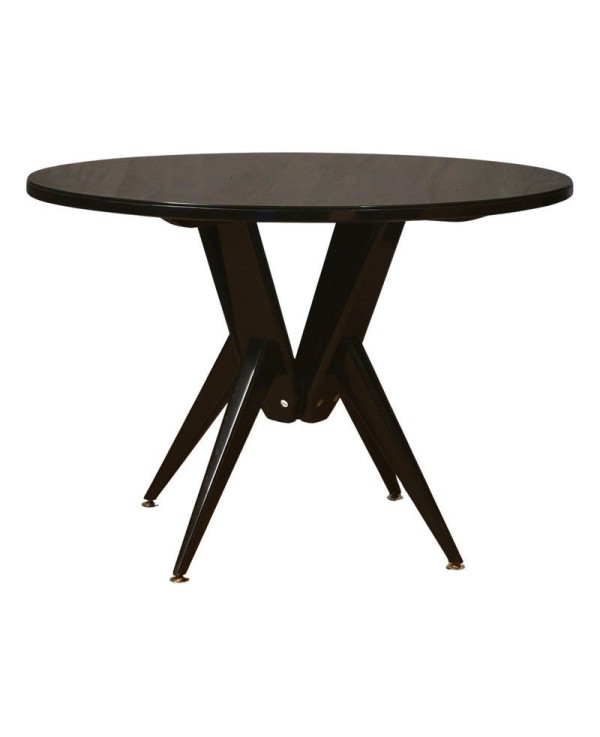 MidCentury Round Wood Black Glass and Brass Dinning Table / Center Table, 1950 MidCentury Round Wood Black Glass and Brass Dinning Table / Center Table, 1950