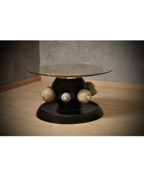 Ceramic and Brass Round Black Green and Gold Sofa Table, 1980