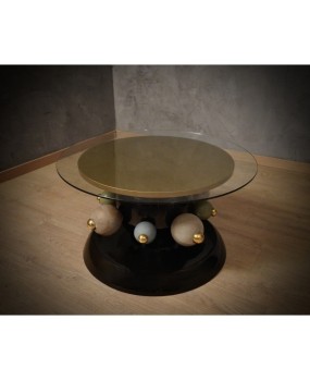 Ceramic and Brass Round Black Green and Gold Sofa Table, 1980