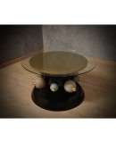 Ceramic and Brass Round Black Green and Gold Sofa Table, 1980 Ceramic and Brass Round Black Green and Gold Sofa Table, 1980