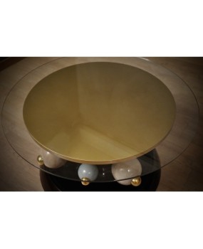 Ceramic and Brass Round Black Green and Gold Sofa Table, 1980