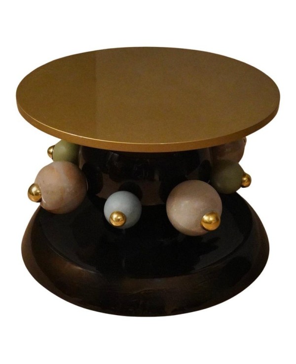 Ceramic and Brass Round Black Green and Gold Sofa Table, 1980 Ceramic and Brass Round Black Green and Gold Sofa Table, 1980