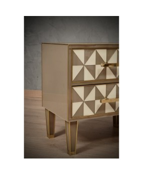 MidCentury Square White and Dove-Gray Color Glass and Brass Night Stand, 2020