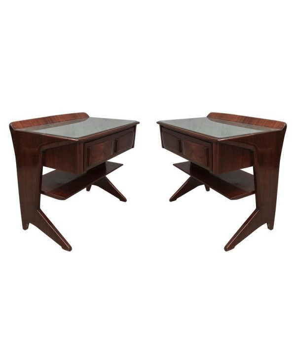 Dassi Midcentury Mahogany and Glass Top Italian Nightstands, 1950 Dassi Midcentury Mahogany and Glass Top Italian Nightstands, 1950