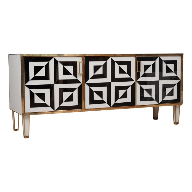 CR 187 Credenza Mid-Century in vetro artistico bianco e nero e ottone Italiana, 1980